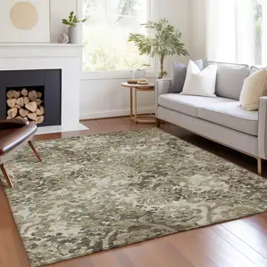 Photo of Beige Taupe And Brown Floral Washable Indoor Outdoor Area Rug