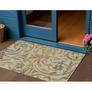 Photo of Beige Taupe And Copper Floral Washable Indoor Outdoor Area Rug