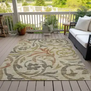 Photo of Beige Taupe And Copper Floral Washable Indoor Outdoor Area Rug