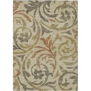 Photo of Beige Taupe And Copper Floral Washable Indoor Outdoor Area Rug