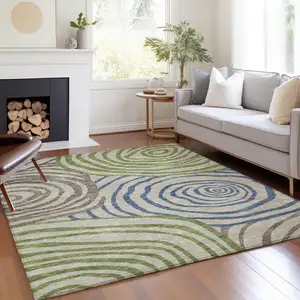 Photo of Beige Taupe And Green Abstract Washable Indoor Outdoor Area Rug