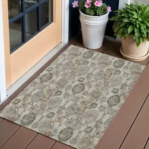 Photo of Beige Taupe And Green Damask Washable Indoor Outdoor Area Rug