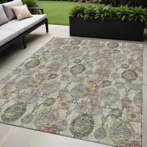 Photo of Beige Taupe And Green Damask Washable Indoor Outdoor Area Rug