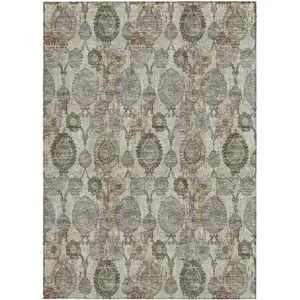 Photo of Beige Taupe And Green Damask Washable Indoor Outdoor Area Rug