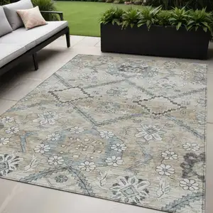 Photo of Beige Taupe And Tan Floral Washable Indoor Outdoor Area Rug