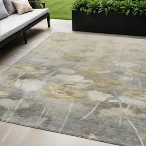 Photo of Beige Taupe And Wheat Floral Washable Indoor Outdoor Area Rug