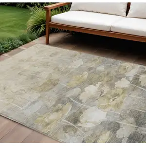 Photo of Beige Taupe And Wheat Floral Washable Indoor Outdoor Area Rug