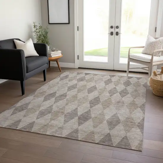 Beige Taupe and Brown Geometric Washable Non Skid Indoor Outdoor Area Rug Photo 9