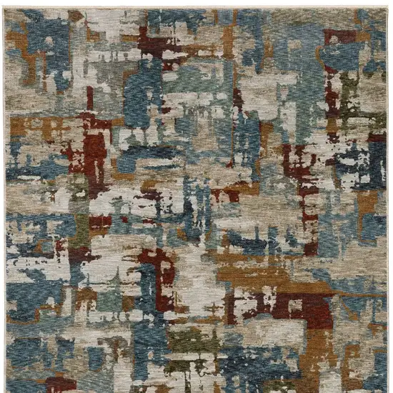 Beige Teal And Brown Abstract Area Rug With Fringe Photo 7