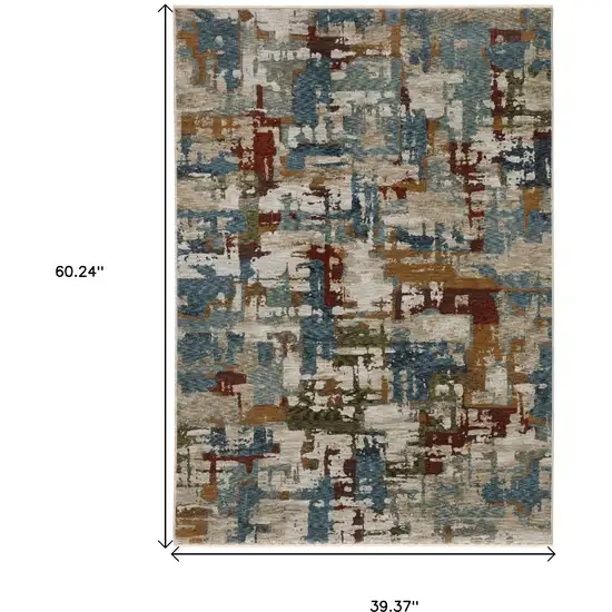 Beige Teal And Brown Abstract Area Rug With Fringe Photo 3