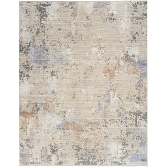 Beige Teal Blue and Gray Abstract Area Rug With Fringe Photo 2