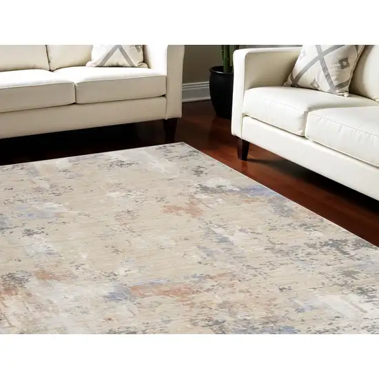 Beige Teal Blue and Gray Abstract Area Rug With Fringe Photo 1