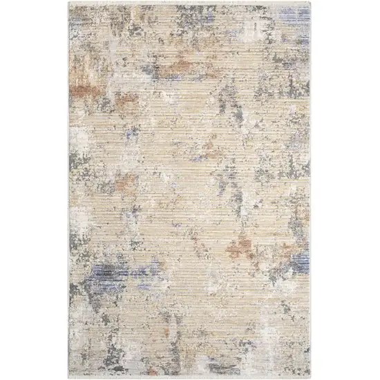 Beige Teal Blue and Gray Abstract Area Rug With Fringe Photo 2