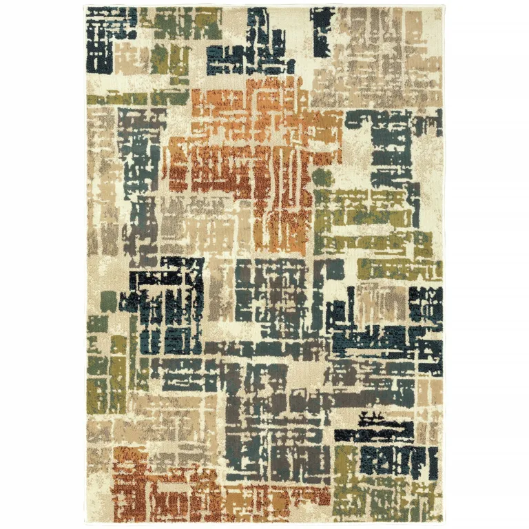 Beige Terracotta Green Navy And Grey Abstract Power Loom Stain Resistant Area Rug Photo 2