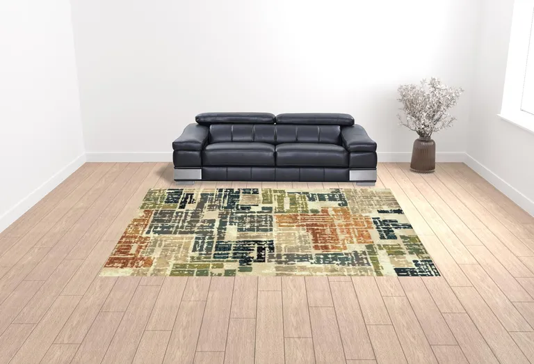 Beige Terracotta Green Navy And Grey Abstract Power Loom Stain Resistant Area Rug Photo 3