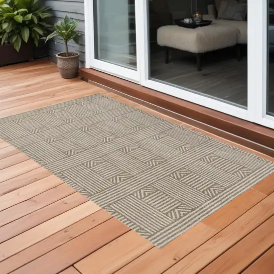 Beige and Ivory Geometric Indoor Outdoor Area Rug Photo 1