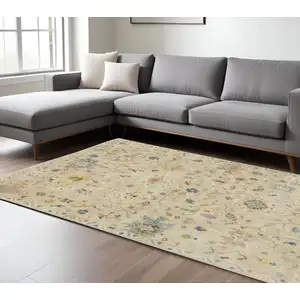 Photo of Beige Yellow And Light Blue Wool Oriental Hand Knotted Area Rug With Fringe