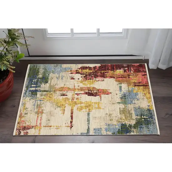 Beige Yellow And Orange Abstract Area Rug With Fringe Photo 1