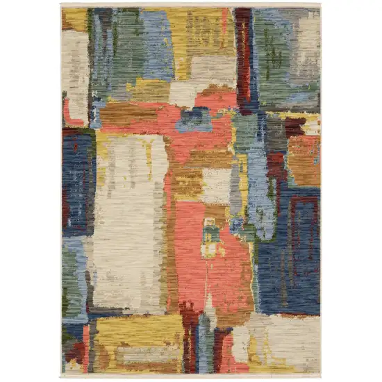 Beige Yellow And Pink Abstract Area Rug With Fringe Photo 2