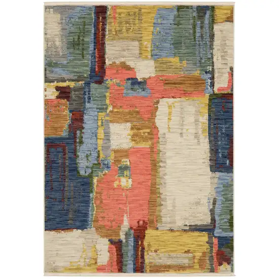 Beige Yellow And Pink Abstract Area Rug With Fringe Photo 5