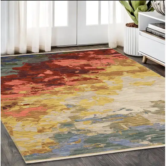 Beige Yellow And Rust Abstract Area Rug With Fringe Photo 1