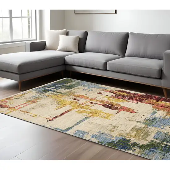 Beige Yellow And Rust Abstract Area Rug With Fringe Photo 1