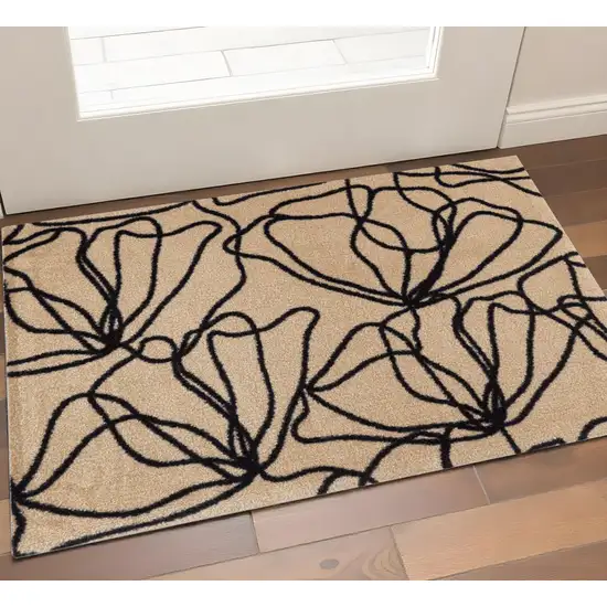 Beige and Black Floral Washable Non Skid Area Rug With UV Protection Photo 1