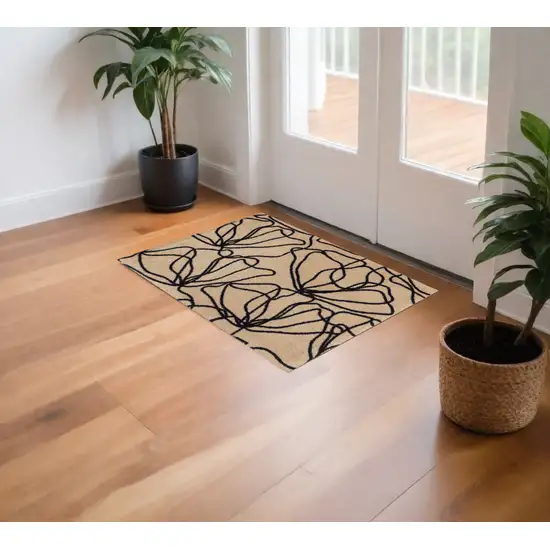 Beige and Black Floral Washable Area Rug With UV Protection Photo 2