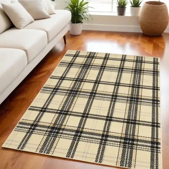 Beige and Black Plaid Power Loom Area Rug Photo 1