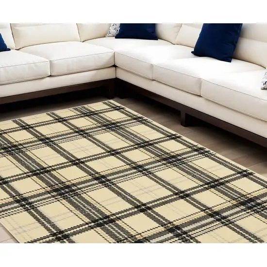 Beige and Black Plaid Power Loom Area Rug Photo 1