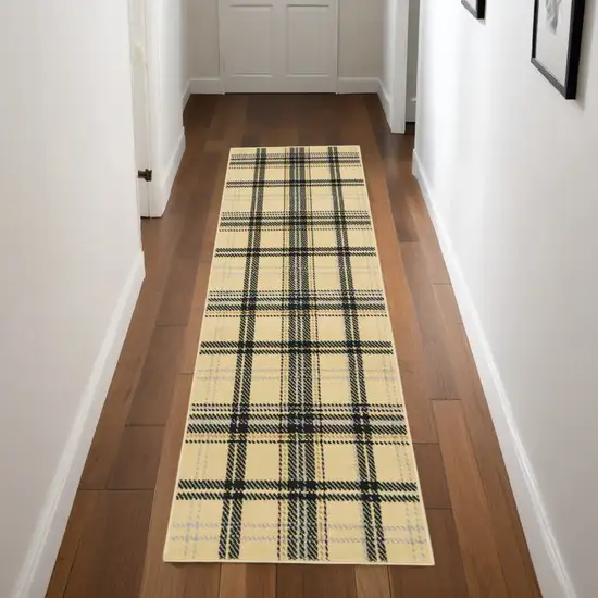 Beige and Black Plaid Power Loom Runner Rug Photo 1