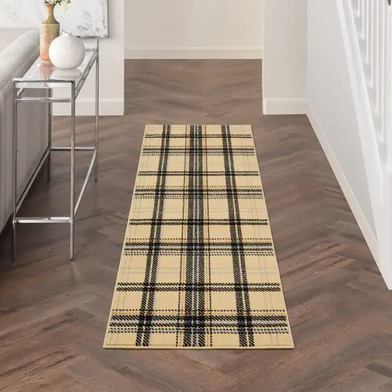 Beige and Black Plaid Power Loom Runner Rug Photo 8