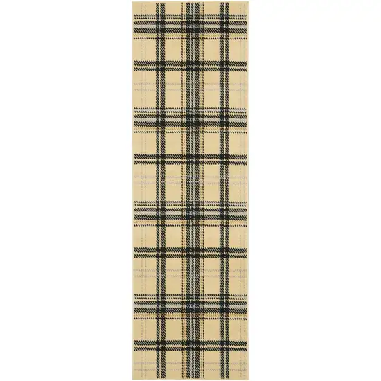 Beige and Black Plaid Power Loom Runner Rug Photo 2