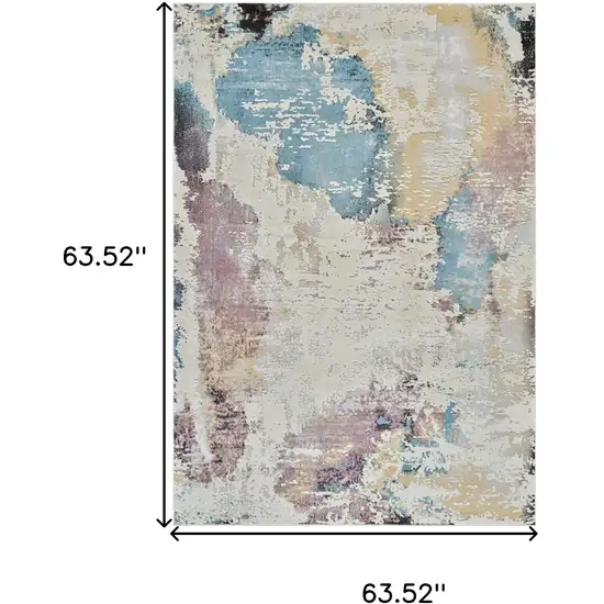 Beige and Blue Abstract Distressed Area Rug Photo 3