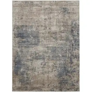 Photo of Beige and Blue Abstract Power Loom Distressed Area Rug