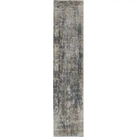 Beige and Blue Abstract Power Loom Distressed Runner Rug Photo 2