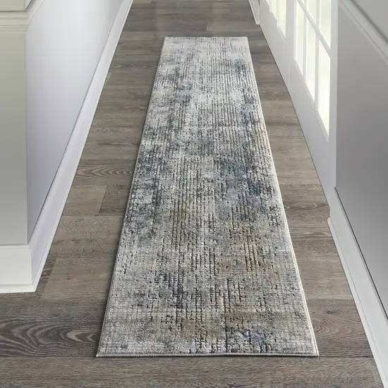 Beige and Blue Abstract Power Loom Distressed Runner Rug Photo 8