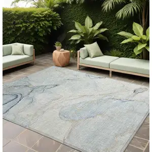 Photo of Beige and Blue Abstract Washable Non Skid Indoor Outdoor Area Rug