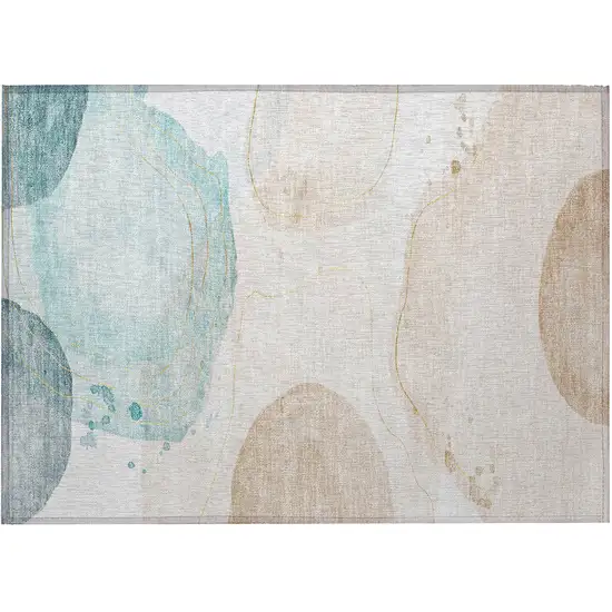 Beige and Blue Abstract Washable Non Skid Indoor Outdoor Area Rug Photo 5