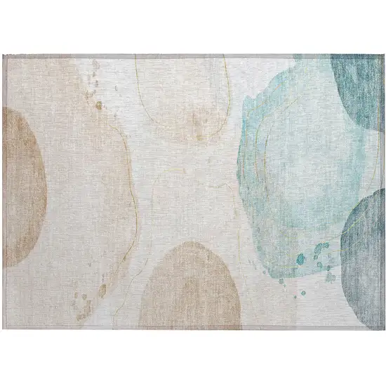 Beige and Blue Abstract Washable Non Skid Indoor Outdoor Area Rug Photo 2