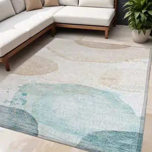 Photo of Beige and Blue Abstract Washable Non Skid Indoor Outdoor Area Rug