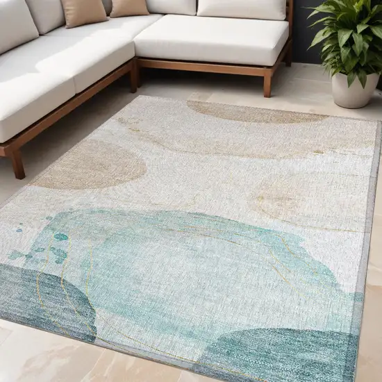 Beige and Blue Abstract Washable Non Skid Indoor Outdoor Area Rug Photo 1