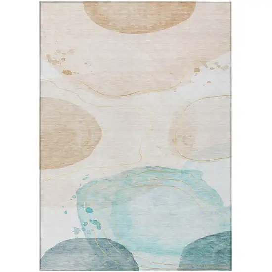 Beige and Blue Abstract Washable Non Skid Indoor Outdoor Area Rug Photo 2