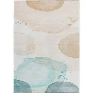 Photo of Beige and Blue Abstract Washable Non Skid Indoor Outdoor Area Rug