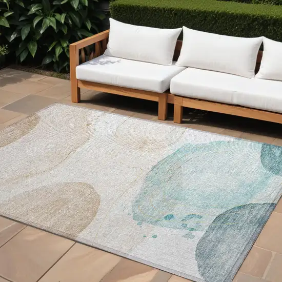 Beige and Blue Abstract Washable Non Skid Indoor Outdoor Area Rug Photo 1