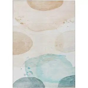 Photo of Beige and Blue Abstract Washable Non Skid Indoor Outdoor Area Rug