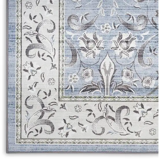 Beige and Blue Floral Distressed Non Skid Area Rug Photo 5