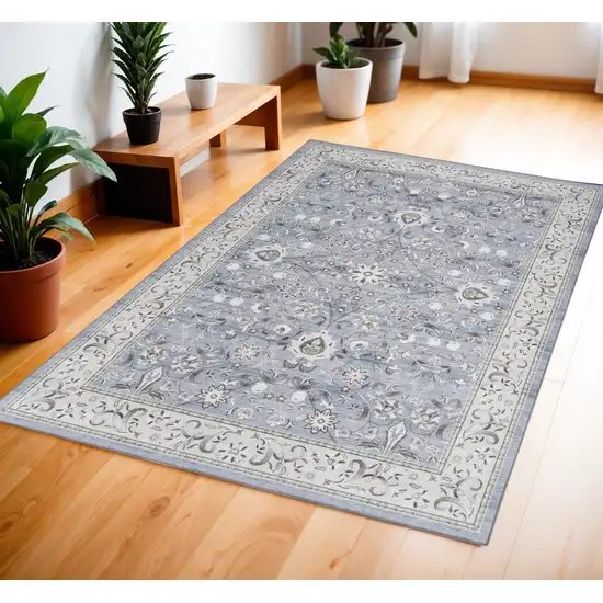 Beige and Blue Floral Distressed Non Skid Area Rug Photo 1