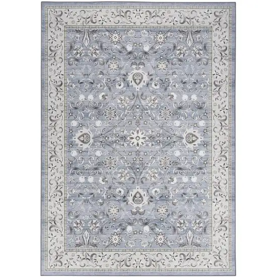 Beige and Blue Floral Distressed Non Skid Area Rug Photo 2