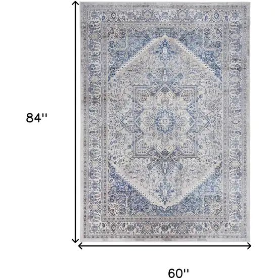 Beige and Blue Floral Medallion Distressed Non Skid Area Rug Photo 3